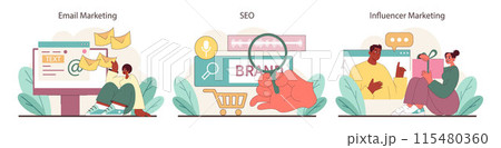 Marketing Strategies set. Dynamic illustrations of email campaigns, SEO optimization, and influencer partnerships, depicting digital marketing tactics. Tools for engaging today's online consumer 115480360