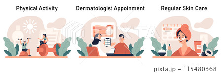 Acne treatment set. Dermatology and cosmetology diagnosis and care. Healthy facial skin tips. Blackheads and pimples treatment process. Flat vector illustration Acne treatment set. Dermatology and cosmetology diagnosis and care. Healthy facial skin tips. Blackheads and pimples treatment process. Flat vector illustration 115480368