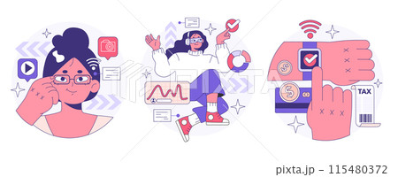 Wearable technology set. Smart device. Character using electronic device to monitor, analyze and transmit personal data. Smartwatches, smartglasses or accessories. Flat vector illustration 115480372