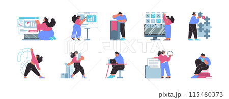 Office dynamics set. Data analysis, strategic planning, and collaborative teamwork in a corporate environment. Flat vector illustration. 115480373