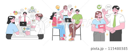 Workplace Dynamics set. Collaborative teamwork at modern office desk, coffee break discussions, and a business handshake finale. Energetic conversations and success stories. Flat vector illustration. 115480385