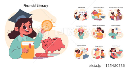Child Financial Literacy set. Young students engaged in money management education. Savings, investments, and budgeting lessons. Piggy bank savings concept. Flat vector illustration Child Financial Literacy set. Young students engaged in money management education. Savings, investments, and budgeting lessons. Piggy bank savings concept. Flat vector illustration 115480386