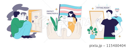 Gender transition pros and cons set. Gender-affirming therapy, positive and negative side. Transgender person mental health, legalization and discrimination. Flat vector illustration 115480404