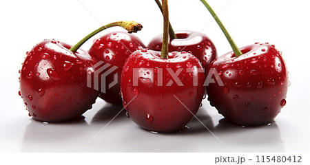 A variety of fresh cherries on a white background, healthy products from the garden, a grocery basket generated AI 115480412