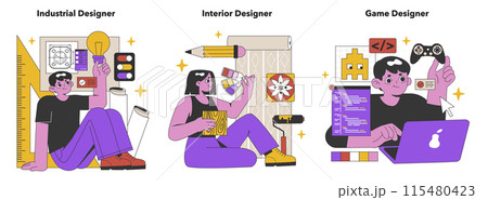 Specialized Design Fields set. A fusion of industrial, interior, and game design, where innovation meets aesthetics to shape user experiences. Flat vector illustration. Specialized Design Fields set. A fusion of industrial, interior, and game design, where innovation meets aesthetics to shape user experiences. Flat vector illustration. 115480423
