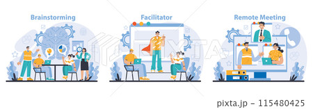 Business meeting set. Dynamic brainstorming sessions, skilled facilitation, and effective remote meetings. Collaboration and creativity in the digital age. Flat vector illustration. 115480425