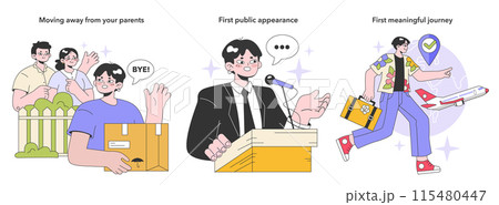 Youth and adulthood years set. Life milestones. Young male character getting old and gain new experience. Flat vector illustration 115480447