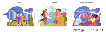 Friends activities set. City bike rides, trail hiking adventures, and lively music concerts. Urban exploration, nature treks, and cultural enjoyment. Shared experiences. Flat vector illustration. 115480451