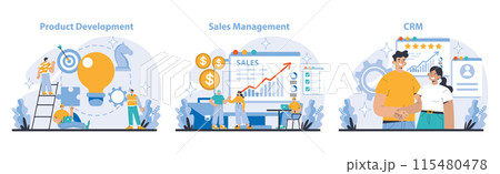 Business Process set. Innovations in product development. Dynamics of sales management. Effective CRM implementation. Capturing workplace synergy and productivity. Flat vector illustration. Business Process set. Innovations in product development. Dynamics of sales management. Effective CRM implementation. Capturing workplace synergy and productivity. Flat vector illustration. 115480478
