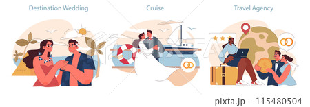 Honeymoon concept. Exotic nuptials, luxury sea voyages, and consultations with travel experts capture the essence of romantic escapes. 115480504