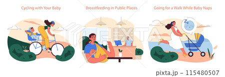 Active Motherhood set. Moms enjoying bike rides, breastfeeding in cafes, and strolling while babies nap. Healthy postpartum lifestyle. 115480507