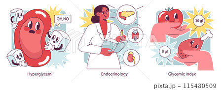 Diabetes set. Measuring sugar blood with glucometer. Glucose monitoring, glycemic index. Hyperglycemia or hypoglycemia treatment, insulin therapy. Endocrinology system disease. Vector illustration Diabetes set. Measuring sugar blood with glucometer. Glucose monitoring, glycemic index. Hyperglycemia or hypoglycemia treatment, insulin therapy. Endocrinology system disease. Vector illustration 115480509