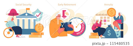 Secure Retirement set. Illustrations depicting the pillars of retirement: Social Security, early retirement options, and annuity planning. 115480535