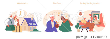 Old age marriage set. Excited senior couple. Elderly people dating and building a family. Old characters lifetime companionship and support. Flat vector illustration Old age marriage set. Excited senior couple. Elderly people dating and building a family. Old characters lifetime companionship and support. Flat vector illustration 115480563