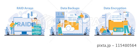 Data Storage essentials set. RAID technology, secure backup solutions, and encryption processes. Safeguarding digital data with modern techniques. Flat vector illustration. 115480564