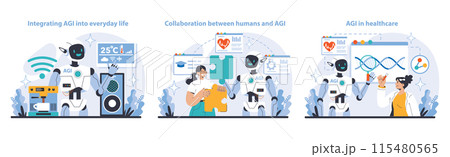 AGI set. Seamless daily life AI integration, collaborative human-robot interactions, and healthcare innovations. Showcasing AI's versatility and impact. Flat vector illustration. AGI set. Seamless daily life AI integration, collaborative human-robot interactions, and healthcare innovations. Showcasing AI's versatility and impact. Flat vector illustration. 115480565