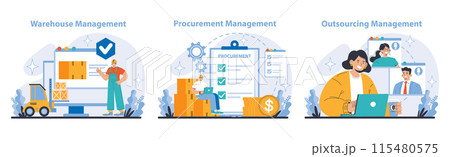 Logistics and Inventory Management set. Illustrates warehouse organization, smart procurement strategies, and effective outsourcing operations. Flat vector illustration. Logistics and Inventory Management set. Illustrates warehouse organization, smart procurement strategies, and effective outsourcing operations. Flat vector illustration. 115480575