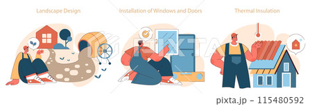 Construction work set. Specialists in landscape design, window installation, and thermal insulation highlight industry versatility. Flat vector illustration 115480592