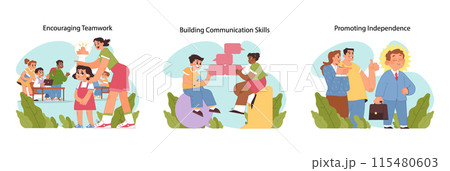 Child development set. Children and parents working on cooperative skills, effective dialogue, and self-reliance. Visual education on teamwork, communication, autonomy. Flat vector illustration Child development set. Children and parents working on cooperative skills, effective dialogue, and self-reliance. Visual education on teamwork, communication, autonomy. Flat vector illustration 115480603