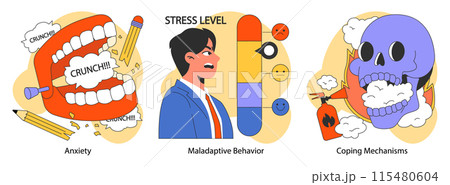 Neurosis set. Chronic stress and anxiety mental disorder. Character feeling despair, suffering from panic attack. Psychotherapy and pharmacotherapy treatment. Flat vector illustration Neurosis set. Chronic stress and anxiety mental disorder. Character feeling despair, suffering from panic attack. Psychotherapy and pharmacotherapy treatment. Flat vector illustration 115480604