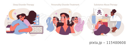 Psychotherapy interventions set. Addressing sleep, personality, and substance disorders. Multifaceted therapeutic approaches to wellness. 115480608