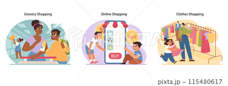 Shopping journey set. Family grocery trips, childs joy in online sales, browsing clothes. Interactive buying experiences, digital convenience, wardrobe selections. Flat vector illustration Shopping journey set. Family grocery trips, childs joy in online sales, browsing clothes. Interactive buying experiences, digital convenience, wardrobe selections. Flat vector illustration 115480617