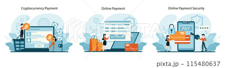 Payment Methods set. Showcasing cryptocurrency transactions, online purchases, and security features. Embracing the digital age of finance. Flat vector illustration 115480637