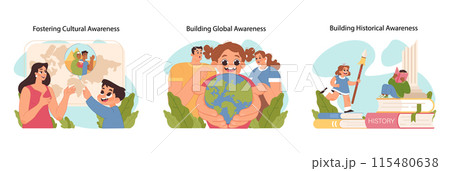 Cultural awareness set. Children embracing global, and historical knowledge, enhancing their understanding and connection with the world. Parents teaching kids about cultures. Flat vector illustration Cultural awareness set. Children embracing global, and historical knowledge, enhancing their understanding and connection with the world. Parents teaching kids about cultures. Flat vector illustration 115480638