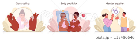 A confident woman showcases various scenes of empowerment, from gender equality to body positivity. Feminist symbols. Supportive narratives. Reproductive rights. Flat vector illustration. A confident woman showcases various scenes of empowerment, from gender equality to body positivity. Feminist symbols. Supportive narratives. Reproductive rights. Flat vector illustration. 115480646