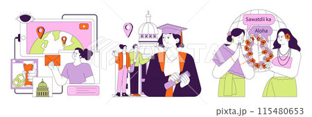 Soft power set. Global connectivity and cultural exchange. International communication. Different countries cooperation, peace and unity. Flat vector illustration Soft power set. Global connectivity and cultural exchange. International communication. Different countries cooperation, peace and unity. Flat vector illustration 115480653