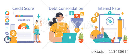 Debt management set. Organization, tracking and paying off debts. Financial planning and budgeting. Payment strategy development. Flat vector illustration Debt management set. Organization, tracking and paying off debts. Financial planning and budgeting. Payment strategy development. Flat vector illustration 115480654