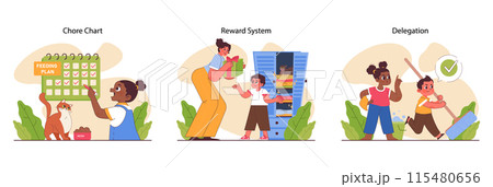 Child doing household chores. Formation of your child's responsibility. Little kid doing household chores, helping parents with cleaning. Positive parenting tips. Flat vector illustration 115480656
