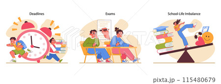 Educational stress set. Students race against deadlines, navigate exam anxieties, and strive for school-life harmony. Time management, nervousness during lessons, struggling with balance. Flat vector 115480679