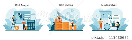 Cost Optimization analysis set. Detailed financial review, targeted expense reduction, comprehensive performance evaluation. Flat vector illustration Cost Optimization analysis set. Detailed financial review, targeted expense reduction, comprehensive performance evaluation. Flat vector illustration 115480682