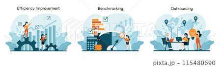 Cost Optimization trio. Enhancing operational productivity, industry standard evaluation, global business delegation. Flat vector illustration Cost Optimization trio. Enhancing operational productivity, industry standard evaluation, global business delegation. Flat vector illustration 115480690