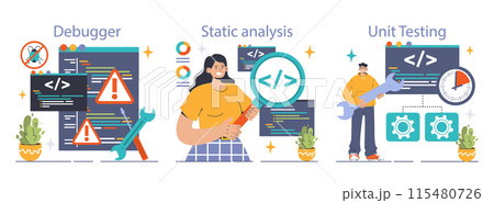Software testing set. Code testing and debugging. IT specialist searching for bugs using functional methods. Website and application development. Flat vector illustration 115480726
