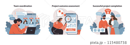 Project Management dynamics. Coordinating teams, assessing outcomes, celebrating achievements. Visualizing the lifecycle of project success. Flat vector illustration. Project Management dynamics. Coordinating teams, assessing outcomes, celebrating achievements. Visualizing the lifecycle of project success. Flat vector illustration. 115480738