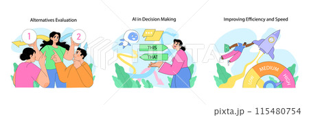 Decision making set. Examining alternatives, leveraging AI and enhancing efficiency. Characters depict swift and modern decision processes. Using technologies to make choice. Flat vector illustration Decision making set. Examining alternatives, leveraging AI and enhancing efficiency. Characters depict swift and modern decision processes. Using technologies to make choice. Flat vector illustration 115480754