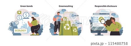 Sustainable investment elements. Green bonds financing, greenwashing scrutiny, transparent reporting. Ethical funding in action. Flat vector illustration. Sustainable investment elements. Green bonds financing, greenwashing scrutiny, transparent reporting. Ethical funding in action. Flat vector illustration. 115480758