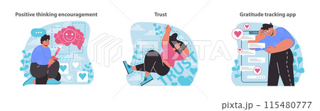 Positive mindset and trust concepts set. Nurturing optimism, securing confidence, and gratitude through tech. Flat vector illustration. 115480777