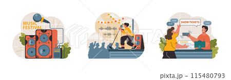 Music Festival set. Vibrant speakers blaring melodies, a passionate singer on stage, and attendees purchasing show tickets. Excitement and rhythm fill the air. Flat vector illustration 115480793