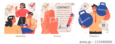 Business deal or agreement set. Signing a contract or successful negotiation. Business partners interests and obligations. Paper terms and conditions. Flat vector illustration Business deal or agreement set. Signing a contract or successful negotiation. Business partners interests and obligations. Paper terms and conditions. Flat vector illustration 115480800