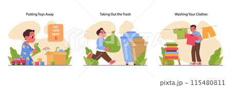 Child doing household chores. Formation of your child's responsibility. Little kid doing household chores, helping parents with cleaning. Positive parenting tips. Flat vector illustration Child doing household chores. Formation of your child's responsibility. Little kid doing household chores, helping parents with cleaning. Positive parenting tips. Flat vector illustration 115480811