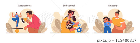 Patience set. Calm person meditating and finding balance. Mental or emotional strength, psychological self-control. Strong determination to the objective. Flat vector illustration 115480817