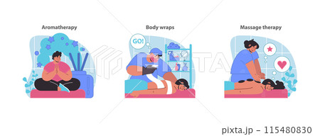 Relaxation therapy set. Aromatic experiences, detoxifying body wraps, and therapeutic massages for wellness. Flat vector illustration. Relaxation therapy set. Aromatic experiences, detoxifying body wraps, and therapeutic massages for wellness. Flat vector illustration. 115480830