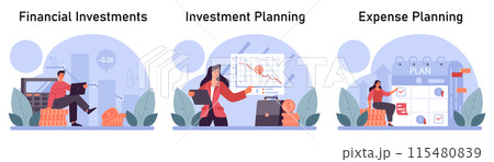 Financial planning set. Personal and family budget development, expense management. Investing money. Financial well-being. Flat vector illustration 115480839