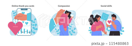 Digital gratitude expressions set. Modern ways of showing appreciation, compassionate gestures, and developing social skills. Flat vector illustration. Digital gratitude expressions set. Modern ways of showing appreciation, compassionate gestures, and developing social skills. Flat vector illustration. 115480863