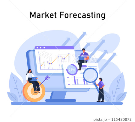 Market Forecasting in focus. Professionals study market trends on a giant screen, analyzing future projections with dynamic arrows. Strategy and prediction elements evident. Flat vector . 115480872