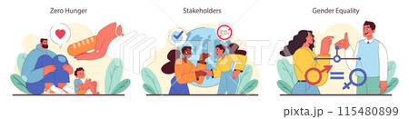 Hunger eradication, collaborative engagement, and gender balance set. Nourishing the young, uniting for climate action, advocating for equality. Harmonious society goals. Flat vector illustration. Hunger eradication, collaborative engagement, and gender balance set. Nourishing the young, uniting for climate action, advocating for equality. Harmonious society goals. Flat vector illustration. 115480899