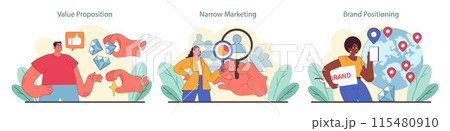 Brand strategy set. Showcasing value proposition, exploring narrow marketing focus, and strategic brand positioning. A toolkit for crafting niche market identity. Flat vector illustration. 115480910